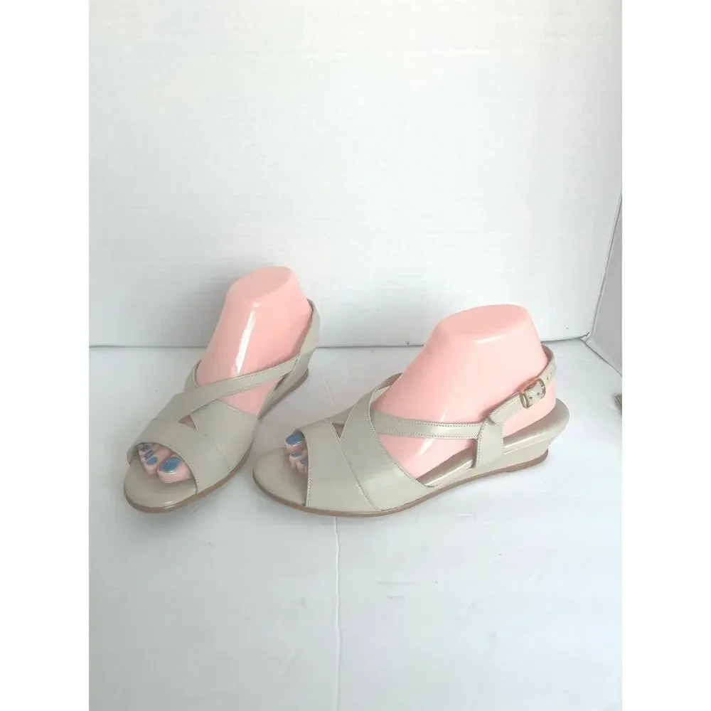 SAS Criss Cross‎ Strappy Bone Leather Slingback Wedge Heel Sandals Sz 8.5S Slim